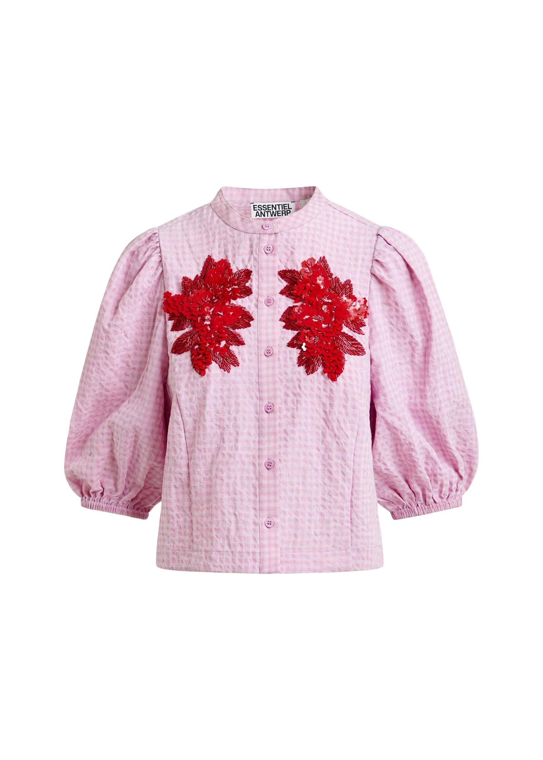 Essentiel Antwerp Light pink and red floral sequin and bead-embellished shirt with voluminous sleeves