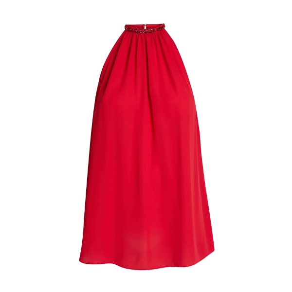 Safiyaa Lunetta Top in Azalea Red with Multi-reds - Safiyaa Tops - Heavy Crepe Cape Gown - Shop at Luxury Shoes 