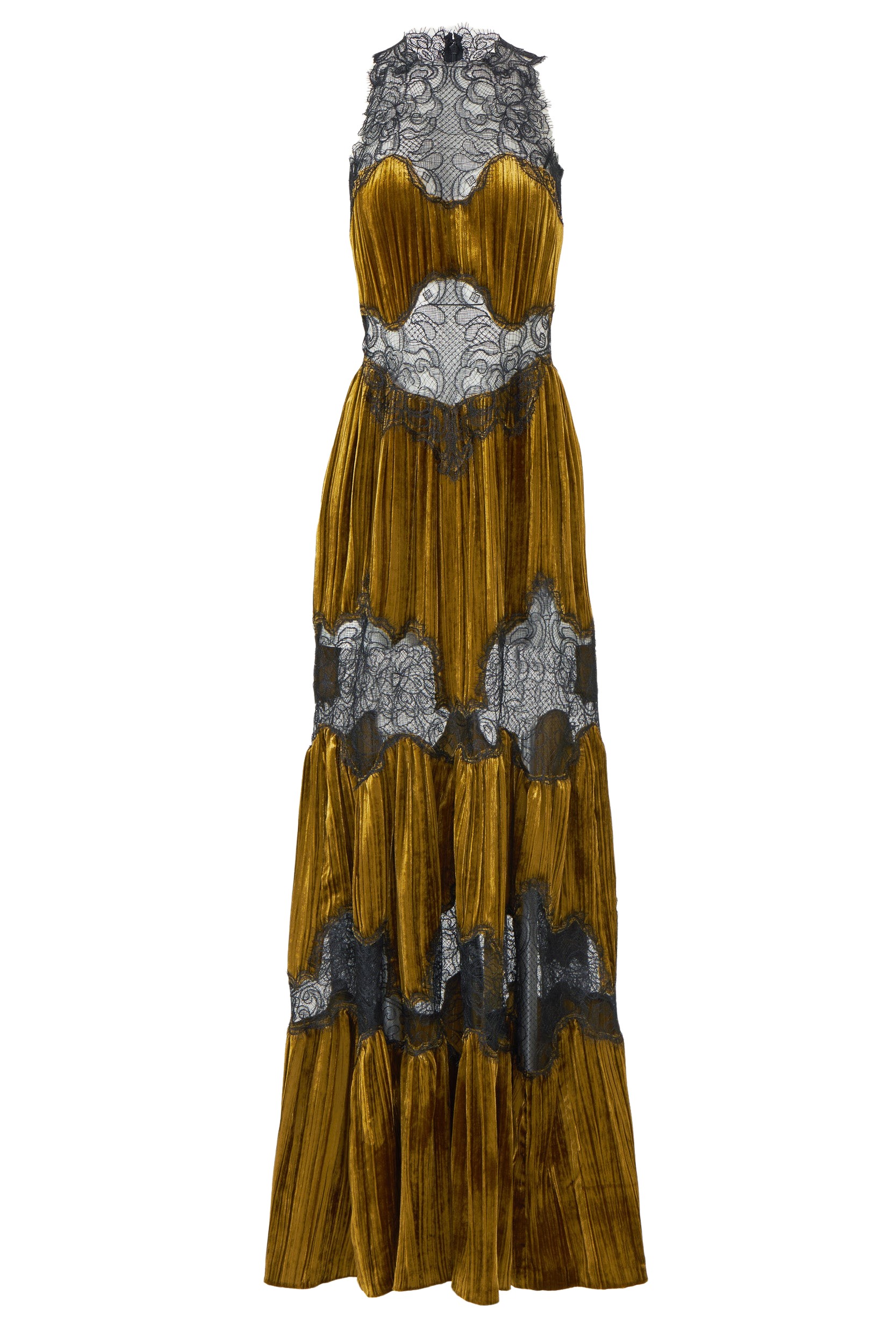Costarellos Nassia Plissé Silk Velvet Lace Gown