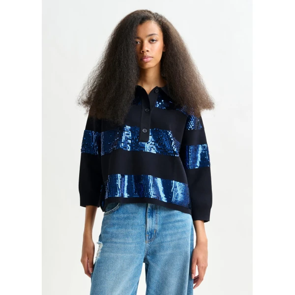 Essentiel Antwerp Navy and blue striped sequin-embellished polo - Essentiel Antwerp Tops - Colorful Belgian Design - Shop at Luxury Shoes 
