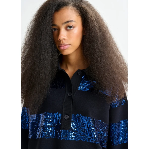 Essentiel Antwerp Navy and blue striped sequin-embellished polo - Essentiel Antwerp Tops - Colorful Belgian Design - Shop at Luxury Shoes 