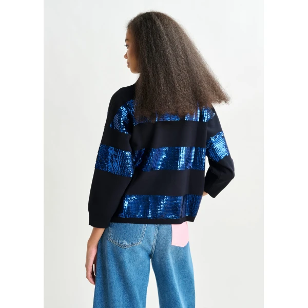 Essentiel Antwerp Navy and blue striped sequin-embellished polo - Essentiel Antwerp Tops - Colorful Belgian Design - Shop at Luxury Shoes 