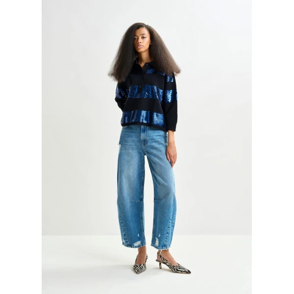 Essentiel Antwerp Navy and blue striped sequin-embellished polo - Essentiel Antwerp Tops - Colorful Belgian Design - Shop at Luxury Shoes 
