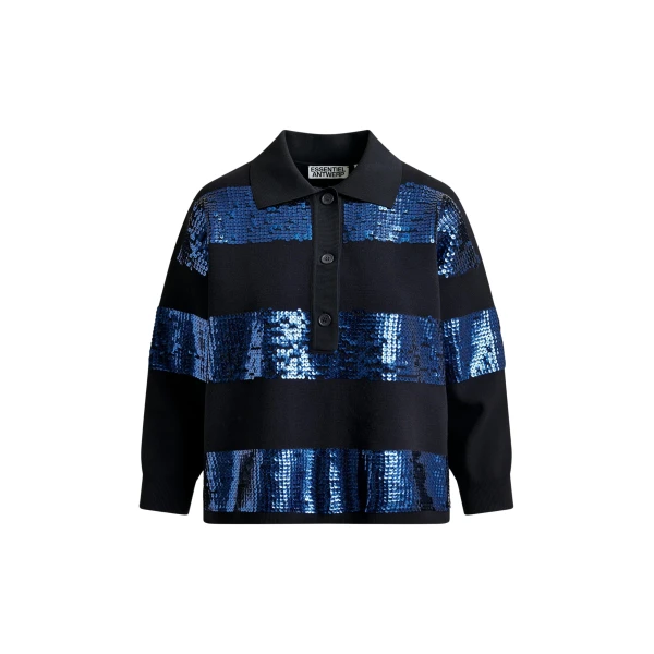Essentiel Antwerp Navy and blue striped sequin-embellished polo - Essentiel Antwerp Tops - Colorful Belgian Design - Shop at Luxury Shoes 