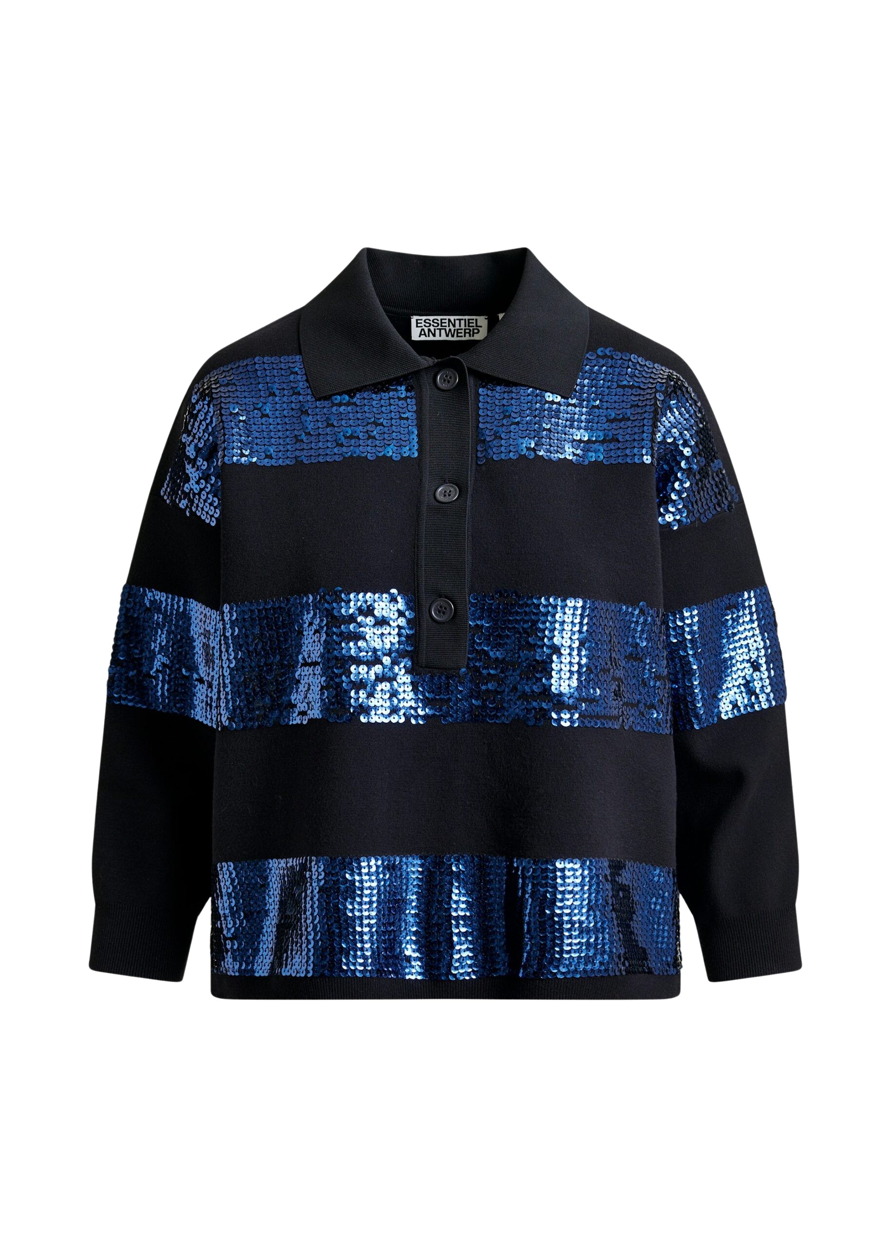 Essentiel Antwerp Navy and blue striped sequin-embellished polo Top