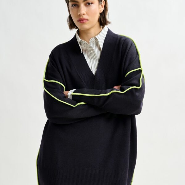 Essentiel Antwerp Navy and green oversized V-neck knit sweater with contrast stripe, view 2