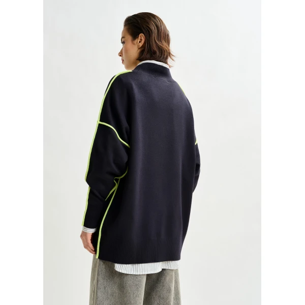 Essentiel Antwerp Navy and green oversized V-neck knit sweater with contrast stripe - Essentiel Antwerp Knitwear - Colorful Belgian Design - Shop at Luxury Shoes 