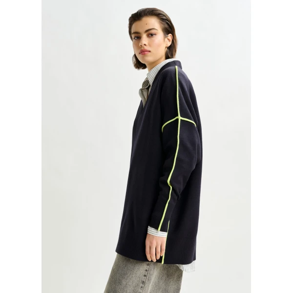 Essentiel Antwerp Navy and green oversized V-neck knit sweater with contrast stripe - Essentiel Antwerp Knitwear - Colorful Belgian Design - Shop at Luxury Shoes 