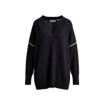 Essentiel Antwerp Navy and green oversized V-neck knit sweater with contrast stripe - Essentiel Antwerp Knitwear - Colorful Belgian Design - Shop at Luxury Shoes 