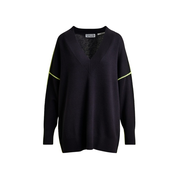 Essentiel Antwerp Navy and green oversized V-neck knit sweater with contrast stripe - Essentiel Antwerp Knitwear - Colorful Belgian Design - Shop at Luxury Shoes 