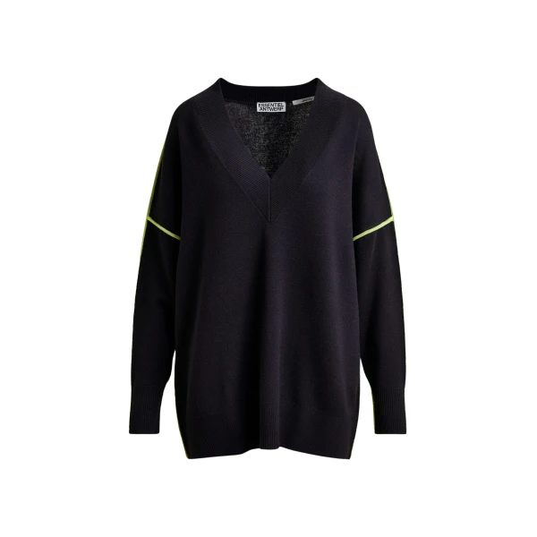 Essentiel Antwerp Navy and green oversized V-neck knit sweater with contrast stripe - Essentiel Antwerp Knitwear - Colorful Belgian Design - Shop at Luxury Shoes 