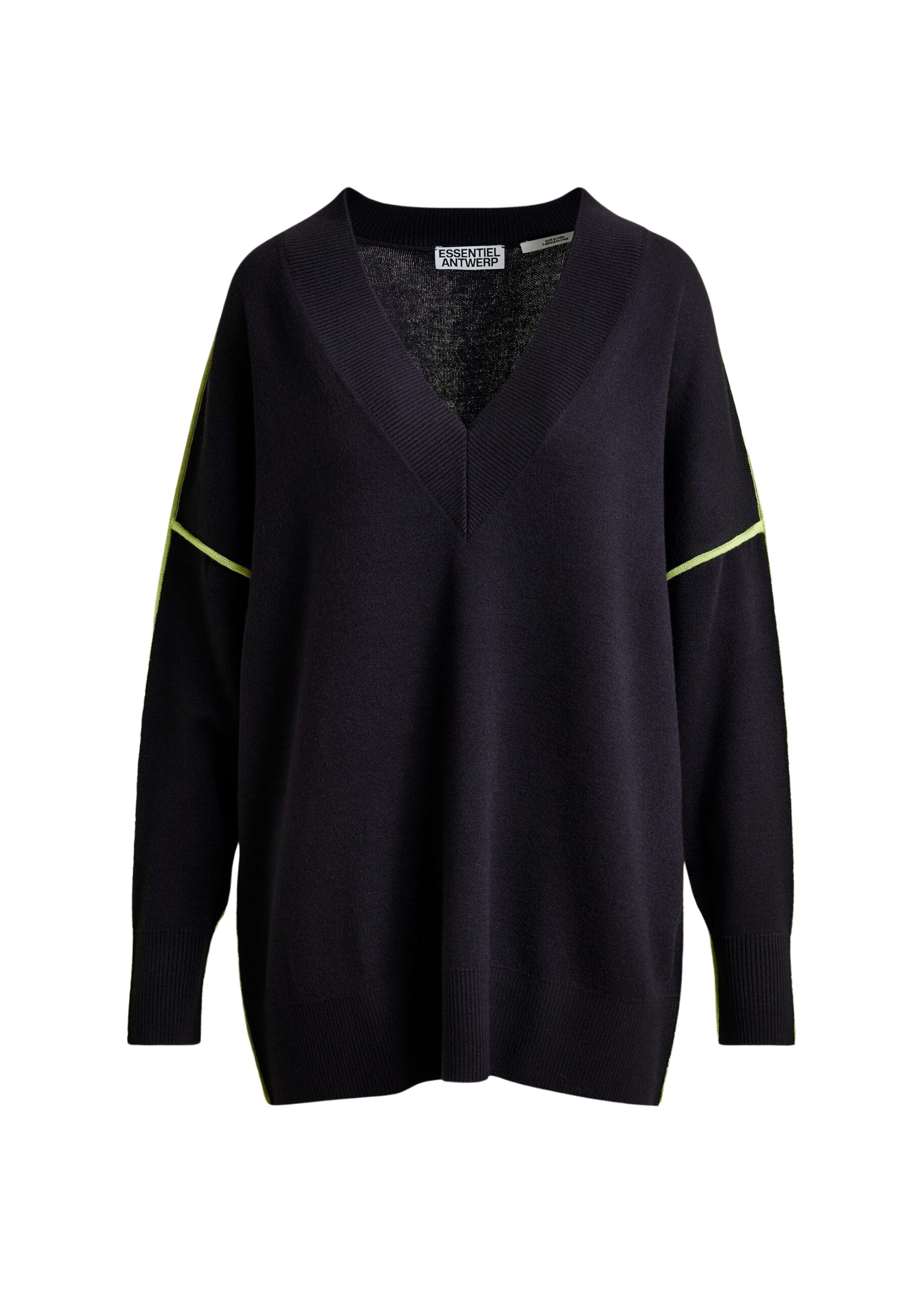 Essentiel Antwerp Navy and green oversized V-neck knit sweater with contrast stripe