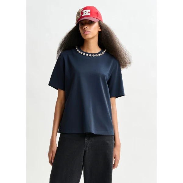 Essentiel Antwerp Navy and silver cotton T-shirt with metallic pearl-style embellishments - Essentiel Antwerp Shirts - Colorful Belgian Design - Shop at Luxury Shoes 