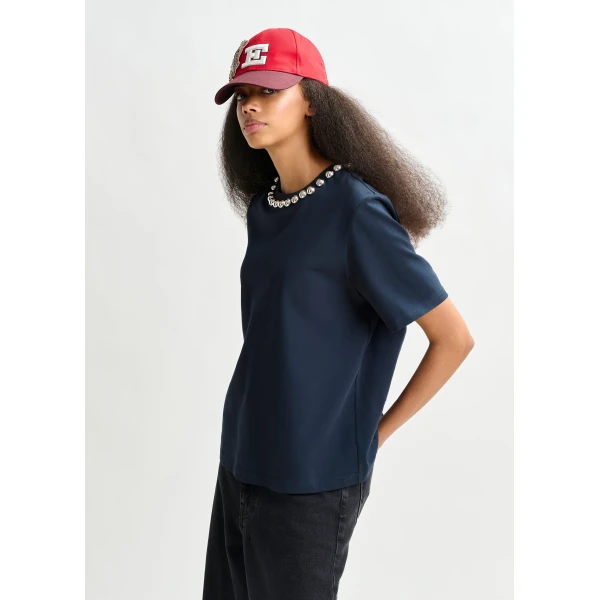 Essentiel Antwerp Navy and silver cotton T-shirt with metallic pearl-style embellishments - Essentiel Antwerp Shirts - Colorful Belgian Design - Shop at Luxury Shoes 