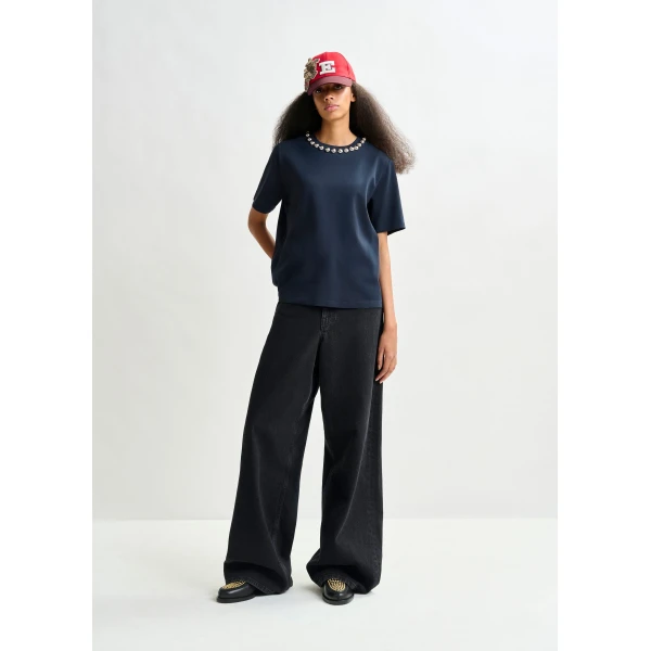Essentiel Antwerp Navy and silver cotton T-shirt with metallic pearl-style embellishments - Essentiel Antwerp Shirts - Colorful Belgian Design - Shop at Luxury Shoes 