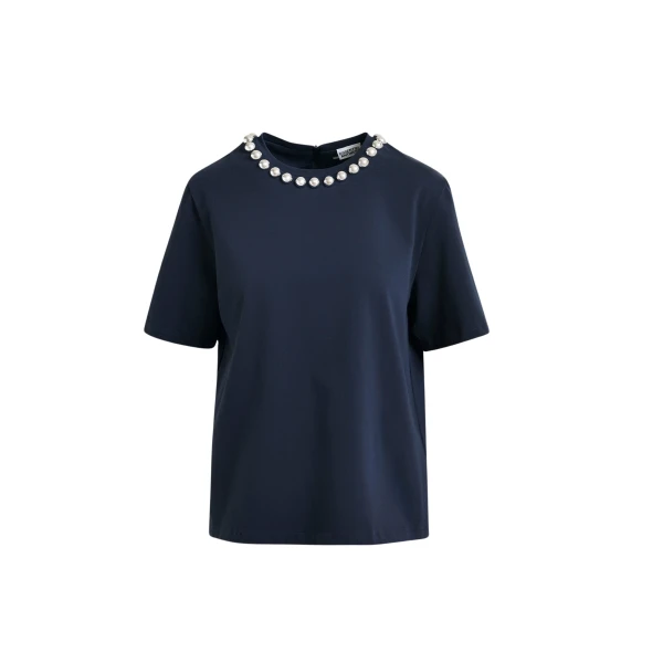 Essentiel Antwerp Navy and silver cotton T-shirt with metallic pearl-style embellishments - Essentiel Antwerp Shirts - Colorful Belgian Design - Shop at Luxury Shoes 