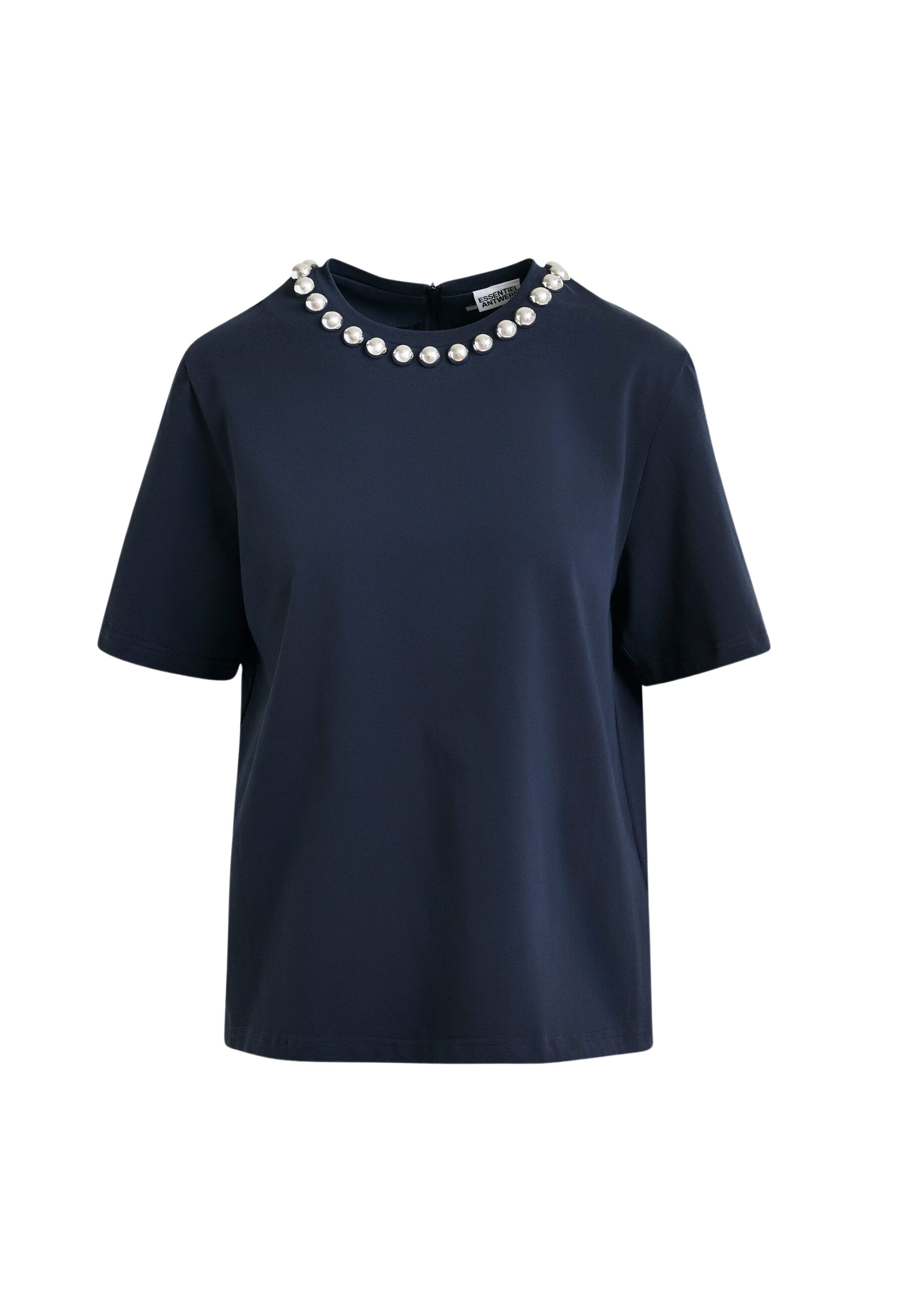 Essentiel Antwerp Navy and silver cotton T-shirt with metallic pearl-style embellishments Top