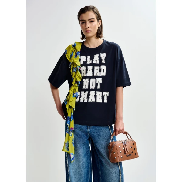 Essentiel Antwerp Navy and white printed cotton T-shirt with green cascading frills - Essentiel Antwerp Shirts - Colorful Belgian Design - Shop at Luxury Shoes 