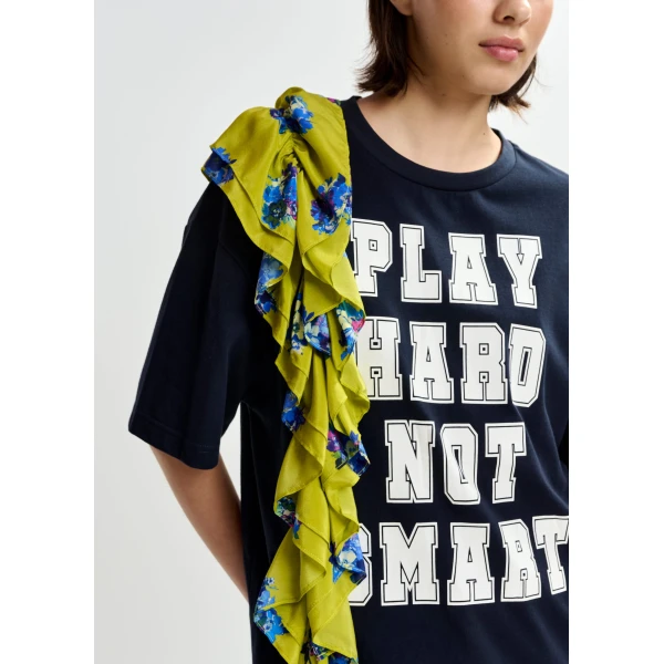 Essentiel Antwerp Navy and white printed cotton T-shirt with green cascading frills - Essentiel Antwerp Shirts - Colorful Belgian Design - Shop at Luxury Shoes 