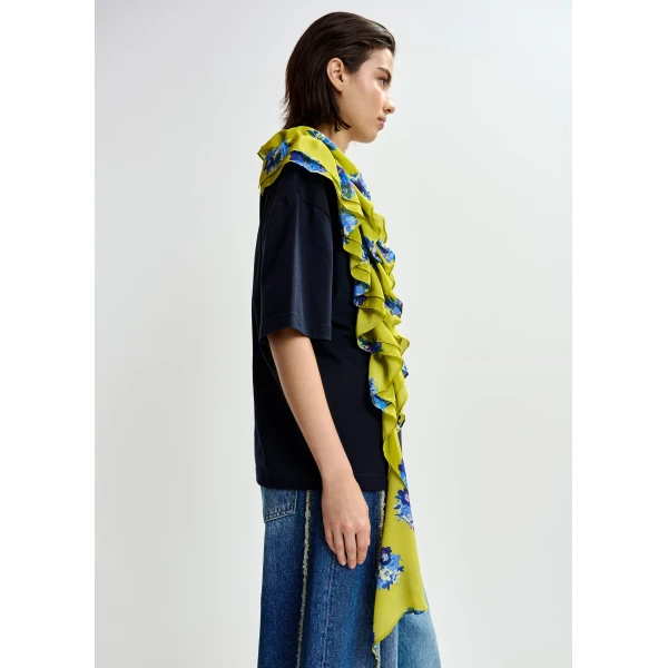 Essentiel Antwerp Navy and white printed cotton T-shirt with green cascading frills - Essentiel Antwerp Shirts - Colorful Belgian Design - Shop at Luxury Shoes 