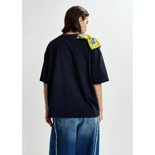 Essentiel Antwerp Navy and white printed cotton T-shirt with green cascading frills - Essentiel Antwerp Shirts - Colorful Belgian Design - Shop at Luxury Shoes 