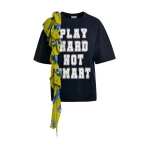 Essentiel Antwerp Navy and white printed cotton T-shirt with green cascading frills - Essentiel Antwerp Shirts - Colorful Belgian Design - Shop at Luxury Shoes 