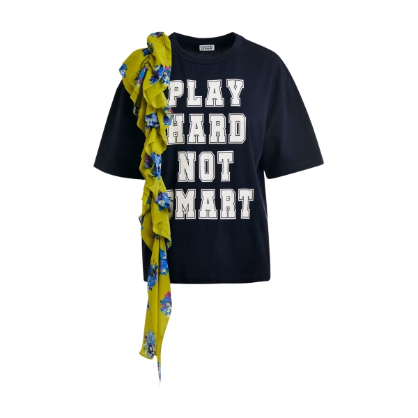 Essentiel Antwerp Navy and white printed cotton T-shirt with green cascading frills - Essentiel Antwerp Shirts - Colorful Belgian Design - Shop at Luxury Shoes 