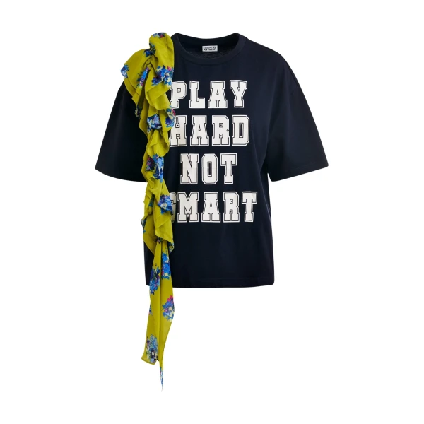 Essentiel Antwerp Navy and white printed cotton T-shirt with green cascading frills - Essentiel Antwerp Shirts - Colorful Belgian Design - Shop at Luxury Shoes 
