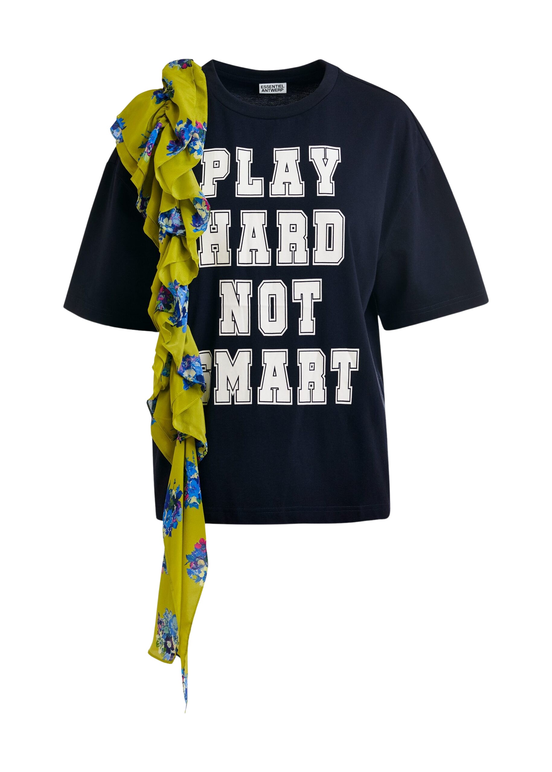 Essentiel Antwerp Navy and white printed cotton T-shirt with green cascading frills Top