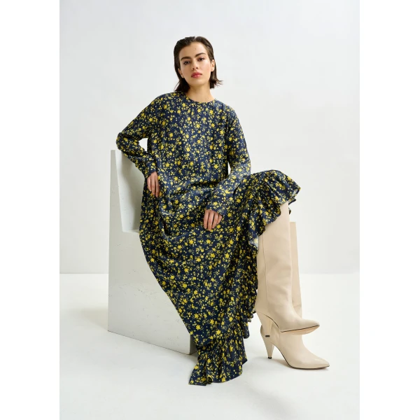 Essentiel Antwerp Navy and yellow asymmetrical floral midi dress - Essentiel Antwerp Dresses - Colorful Belgian Design - Shop at Luxury Shoes 