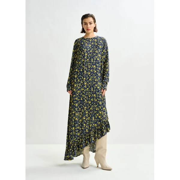 Essentiel Antwerp Navy and yellow asymmetrical floral midi dress - Essentiel Antwerp Dresses - Colorful Belgian Design - Shop at Luxury Shoes 