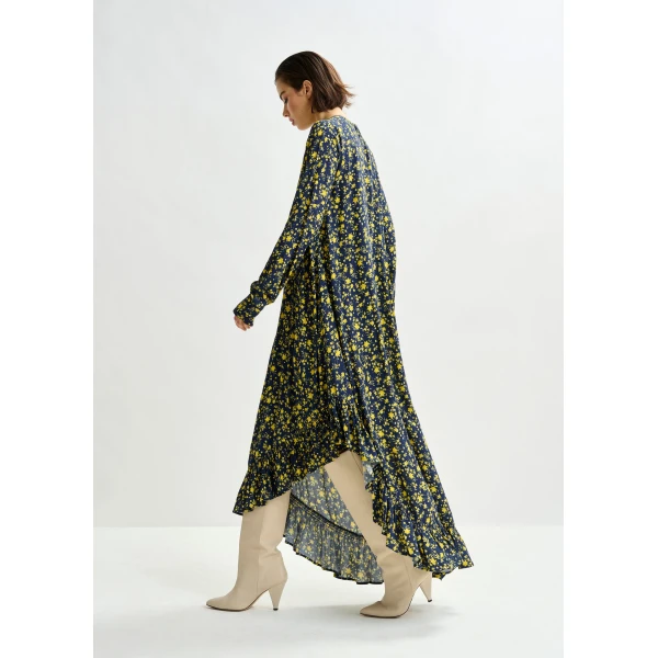Essentiel Antwerp Navy and yellow asymmetrical floral midi dress - Essentiel Antwerp Dresses - Colorful Belgian Design - Shop at Luxury Shoes 