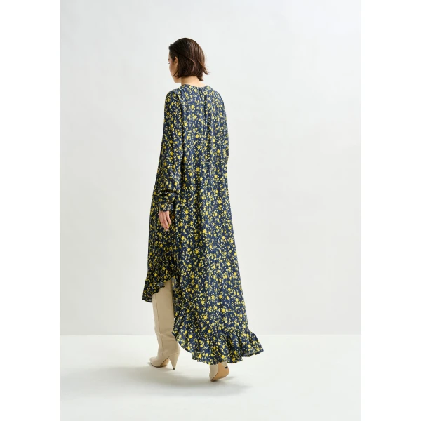 Essentiel Antwerp Navy and yellow asymmetrical floral midi dress - Essentiel Antwerp Dresses - Colorful Belgian Design - Shop at Luxury Shoes 