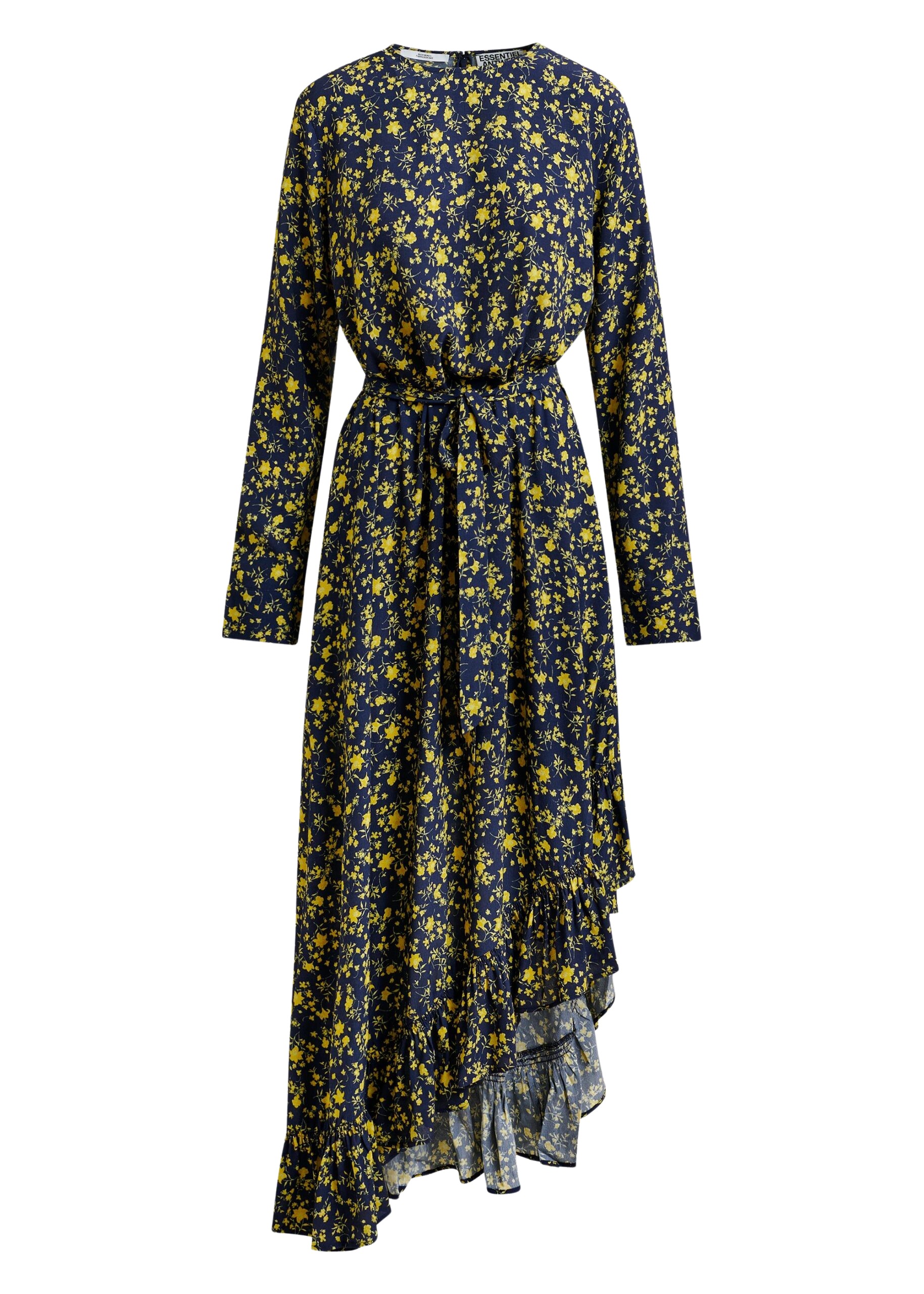 Essentiel Antwerp Navy and yellow asymmetrical floral midi dress