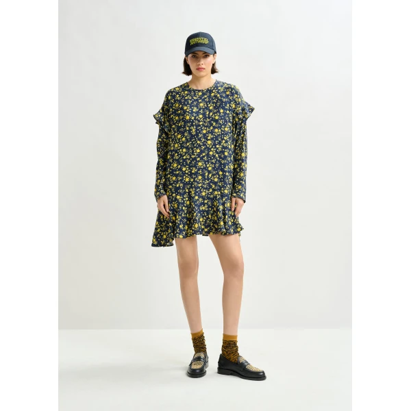 Essentiel Antwerp Navy and yellow floral minidress with ruffle details - Essentiel Antwerp Dresses - Colorful Belgian Design - Shop at Luxury Shoes 