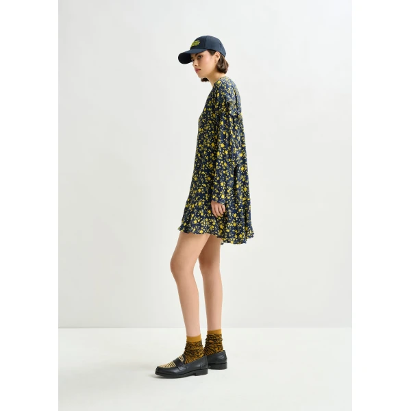 Essentiel Antwerp Navy and yellow floral minidress with ruffle details - Essentiel Antwerp Dresses - Colorful Belgian Design - Shop at Luxury Shoes 
