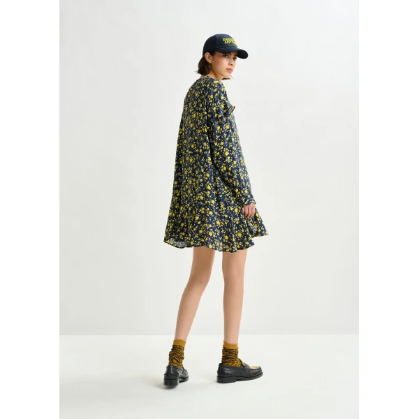 Essentiel Antwerp Navy and yellow floral minidress with ruffle details - Essentiel Antwerp Dresses - Colorful Belgian Design - Shop at Luxury Shoes 