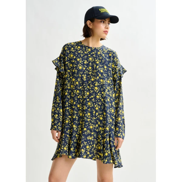 Essentiel Antwerp Navy and yellow floral minidress with ruffle details - Essentiel Antwerp Dresses - Colorful Belgian Design - Shop at Luxury Shoes 