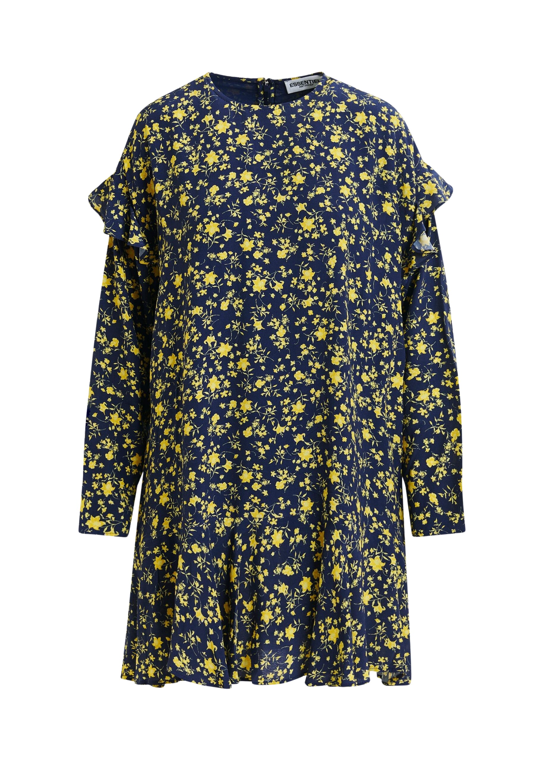 Essentiel Antwerp Navy and yellow floral minidress with ruffle details Dress