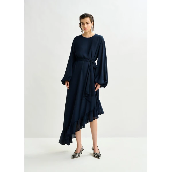 Essentiel Antwerp Navy asymmetrical ruffle-hem maxi dress with pussy-bow tie - Essentiel Antwerp Dresses - Colorful Belgian Design - Shop at Luxury Shoes 
