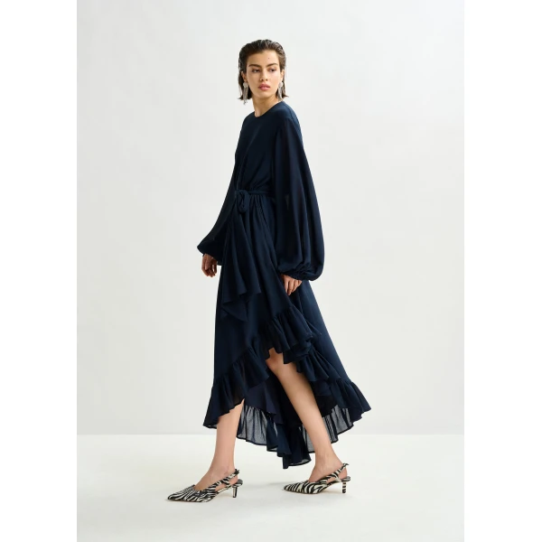 Essentiel Antwerp Navy asymmetrical ruffle-hem maxi dress with pussy-bow tie - Essentiel Antwerp Dresses - Colorful Belgian Design - Shop at Luxury Shoes 