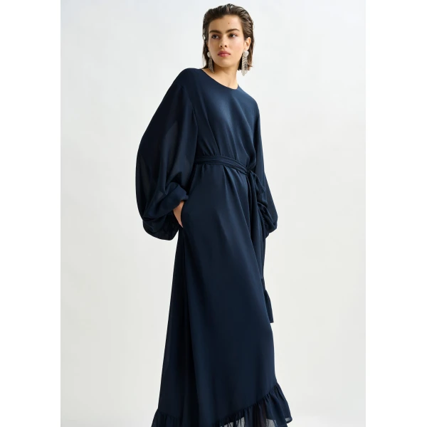 Essentiel Antwerp Navy asymmetrical ruffle-hem maxi dress with pussy-bow tie - Essentiel Antwerp Dresses - Colorful Belgian Design - Shop at Luxury Shoes 
