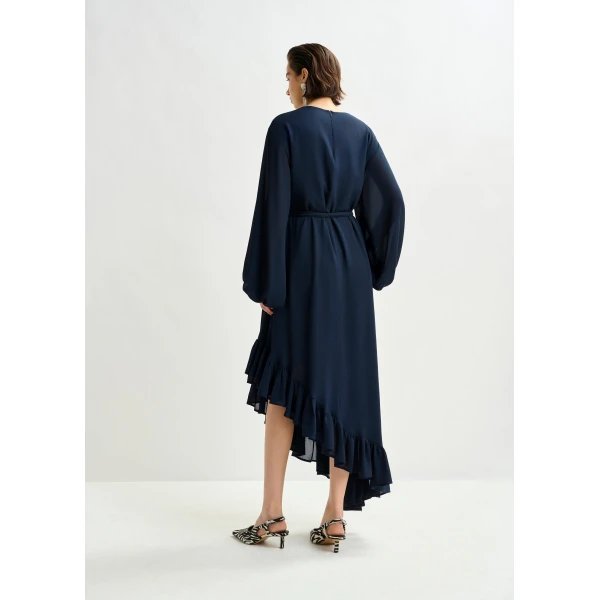 Essentiel Antwerp Navy asymmetrical ruffle-hem maxi dress with pussy-bow tie - Essentiel Antwerp Dresses - Colorful Belgian Design - Shop at Luxury Shoes 