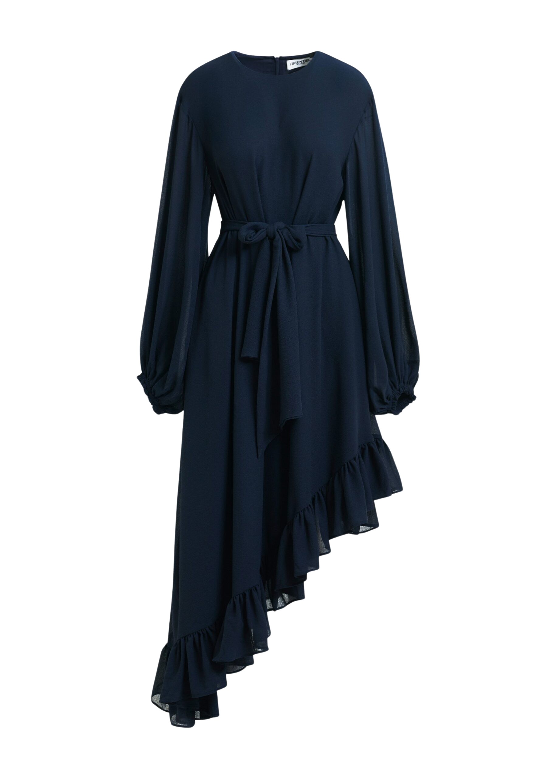 Essentiel Antwerp Navy asymmetrical ruffle-hem maxi dress with pussy-bow tie