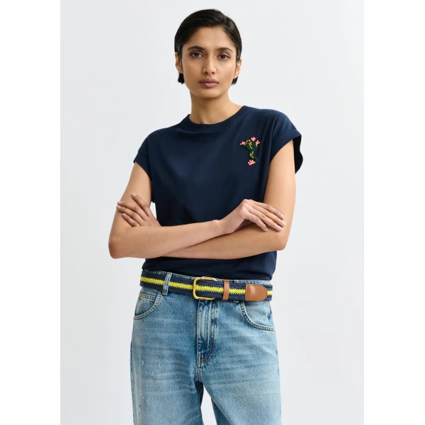 Essentiel Antwerp Navy cotton T-shirt with bead embroidery - Essentiel Antwerp Shirts - Colorful Belgian Design - Shop at Luxury Shoes 
