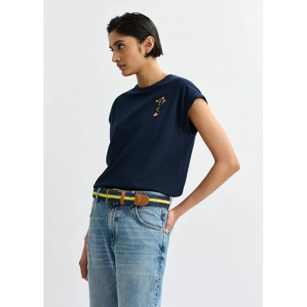 Essentiel Antwerp Navy cotton T-shirt with bead embroidery - Essentiel Antwerp Shirts - Colorful Belgian Design - Shop at Luxury Shoes 