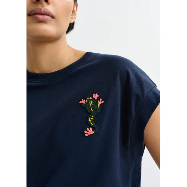 Essentiel Antwerp Navy cotton T-shirt with bead embroidery - Essentiel Antwerp Shirts - Colorful Belgian Design - Shop at Luxury Shoes 