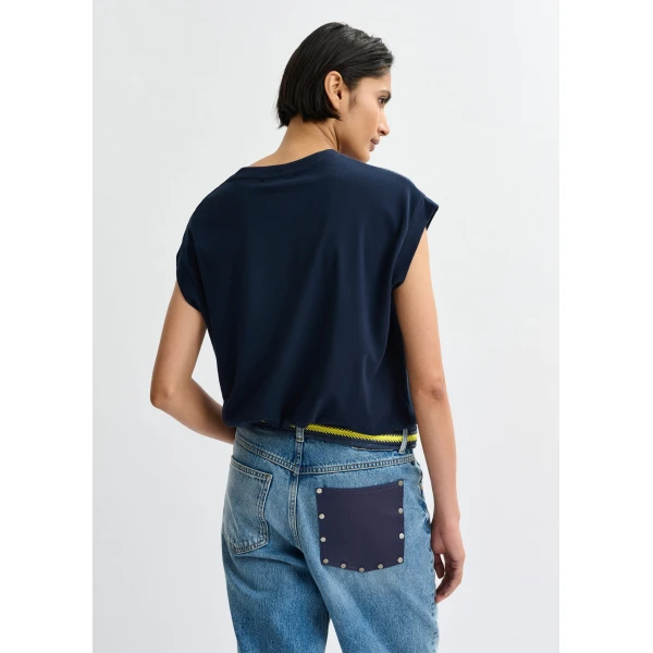 Essentiel Antwerp Navy cotton T-shirt with bead embroidery - Essentiel Antwerp Shirts - Colorful Belgian Design - Shop at Luxury Shoes 