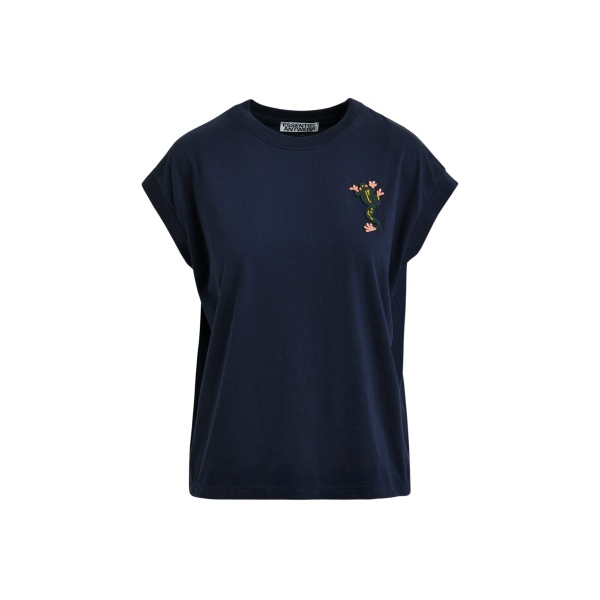 Essentiel Antwerp Navy cotton T-shirt with bead embroidery - Essentiel Antwerp Shirts - Colorful Belgian Design - Shop at Luxury Shoes 