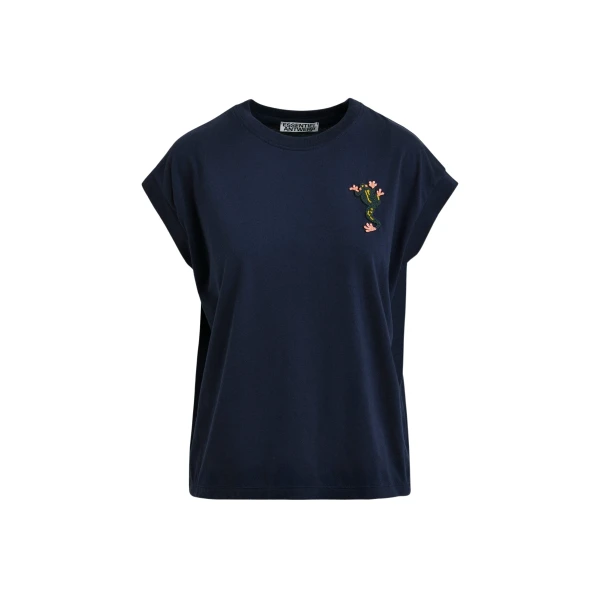 Essentiel Antwerp Navy cotton T-shirt with bead embroidery - Essentiel Antwerp Shirts - Colorful Belgian Design - Shop at Luxury Shoes 